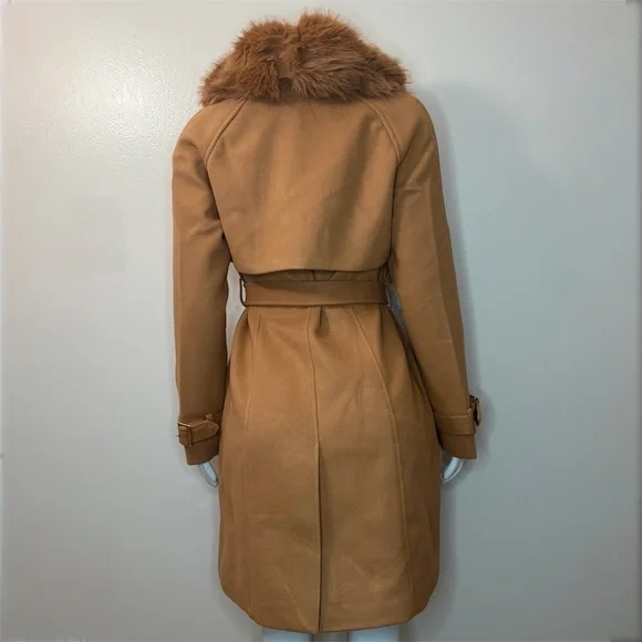 Khaki removable faux fur belted wrap pea coat - Picture 3 of 14